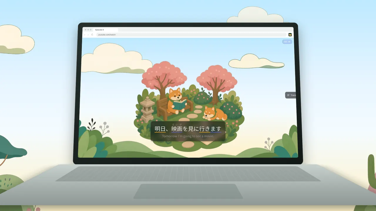 Shiberu product video: mine a word from a video subtitle with the browser extension, review it in the app, keep it in sync with Anki